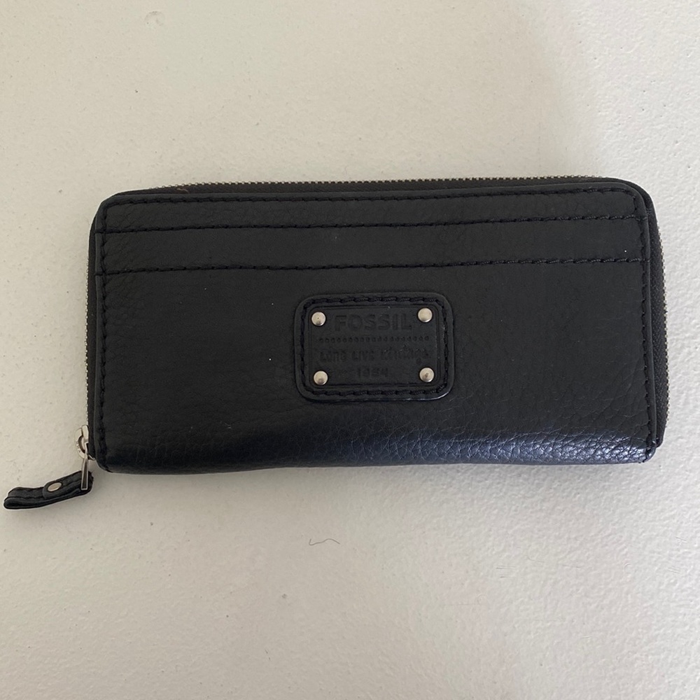 Fossil black leather zip around wallet